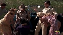Criminals have fun during an outdoors group sex session with the blonde and brunette milfs with big boobs Criminals have fun during an outdoors group sex session with the blonde and brunette milfs with big boobs