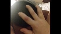 My man eating my pussy while wearing my panties on his head My man eating my pussy while wearing my panties on his head