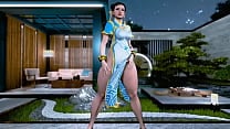 Thick enticing Chun Li poses solo in a revealing dress without panties