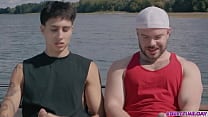 Angel Elias and Marcus McNeil masturbating and fucking each other on a boat  Out in the open ocean there is no one who can see what how these naughty guys have sex 