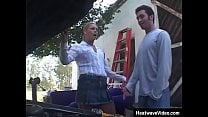 Fantastic MILF in tight shirt and mini skirt make life very interesting for young car mechanic Fantastic MILF in tight shirt and mini skirt make life very interesting for young car mechanic