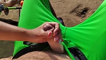 Risky outdoor handjob from teen stepsister at the public beach Almost caught by the police