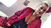 Mature Slut Wife in a red satin negligee  with a ponytail on her head and a dick in her mouth      
