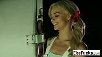 Teen Elsa Jean fucks a masked stranger in an alleyway