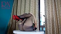 Nice lady in pantyhose and heels Striptease at the round table 32