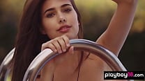 Petite teen Katrine Pirs stripping and posing naked in the pool outdoor Petite teen Katrine Pirs stripping and posing naked in the pool outdoor