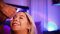 Blonde with a beautiful face sucks her friend  039 s cock while transmitting and receives a big load of cum on her face Blonde with a beautiful face sucks her friend  039 s cock while transmitting and receives a big load of cum on her face