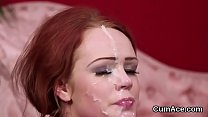 Wacky babe gets sperm load on her face gulping all the load
