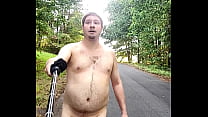 Exhibitionist Nudist walks butt naked in woods forest and on public road open field