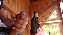 young boy shocks this muslim girl who was waiting for her bus with his big cock OMG someone surprised them he might have problems and run away