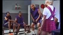 A young slut in a short dress serves the black guys 039 basketball team in the locker room after the game