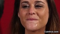 Slutty hottie gets cum shot on her face swallowing all the juice