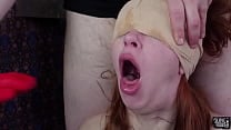Blindfolded sub gagging
