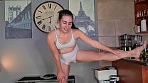 Pissing in my white tights while doing yoga stretches Pissing in my white tights while doing yoga stretches