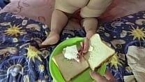 My anal slave eats a delicious sandwich red in her ass hole