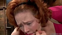 Busty ginger slave fingered on hogtie