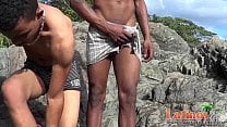 Brown skinned Latin twinks pop a boner outdoors