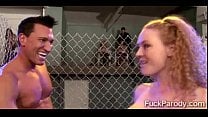Redhead gets tapped out by 2 pervs in this mixed martial arts XXX parody