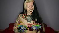 Tattooed  kinky girl hangs the maximum number of clothespins on her big tits