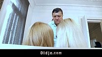Fat old man rimmed and sucked by two blonde teens
