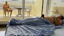 Naked wife was already watching nudists on street when husband woke in the morning Naked wife was already watching nudists on street when husband woke in the morning