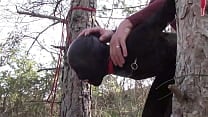Outdoor sex in the wood Wearing sexy clothes and high heels bound throated and fucked
