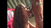 Pretty brunette hairy whore enjoys dick sucking