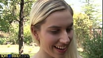 Trimmed teen stepdaughter bent over outdoors