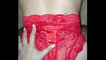 She put lace panties on her friend and fucked him with her pussy Caressing the hole