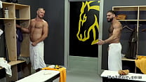 Hairy gays in an locker room threesome