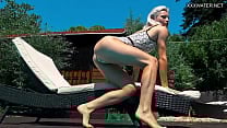 Outdoor swimming pool erotics with naked Zazie
