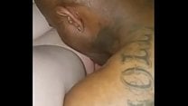 Tattooed Black Stallion licks her fat muff