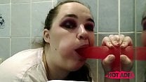 BBW stepsister when alone at home sucks and jerks off 039 s dildo in the bathroom