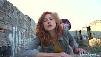 Public Agent Sexy redhead waitress sucks cock and gets fucked doggystyle outside in public