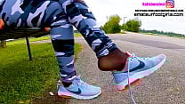 Nike Girl with sweaty nylons Nikes insoles stinky feet lick her shoes sweaty feet shoeplay dipping
