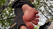 Pink socks and natural rough wrinkled soles above you outdoor Pink socks and natural rough wrinkled soles above you outdoor