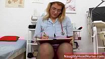 Blonde ripe nurse using the medical instrument