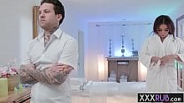 Perverted guy massage a pretty client with big tits Perverted guy massage a pretty client with big tits