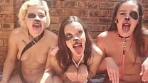 Three naked panting whores constantly drooling as they stick their tongues out   lick and smell each other