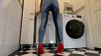 Wetting extremely Jeans and Red classic High Heels and play with Pee