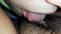Lesbian hairy pussy eating close up
