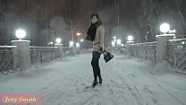Jeny Smith naked in snow fall walking through the city