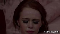 Unusual stunner gets cumshot on her face sucking all the sperm Unusual stunner gets cumshot on her face sucking all the sperm