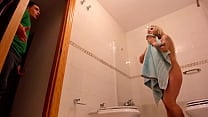 Spying on my blonde stepmom in the shower she catches me fucking her and cumming on her face