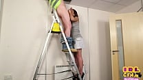 CFNM amateur femdom teen sucks repairer cock on the ladder