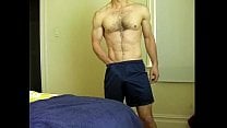 toned slightly hairy chest guy strip jo cum on standing