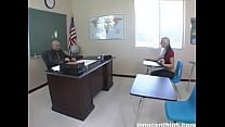 Sexy blonde teen lays on desk and get fucked by her teacher