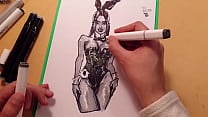 drawn Hot sexy girl in latex quick sketch with markers