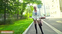 Independent Woman Jeny Smith in pantyhose without panties in public