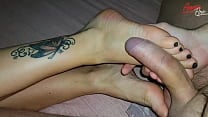StepSon jerking off and cums on StepMom 039 s feet